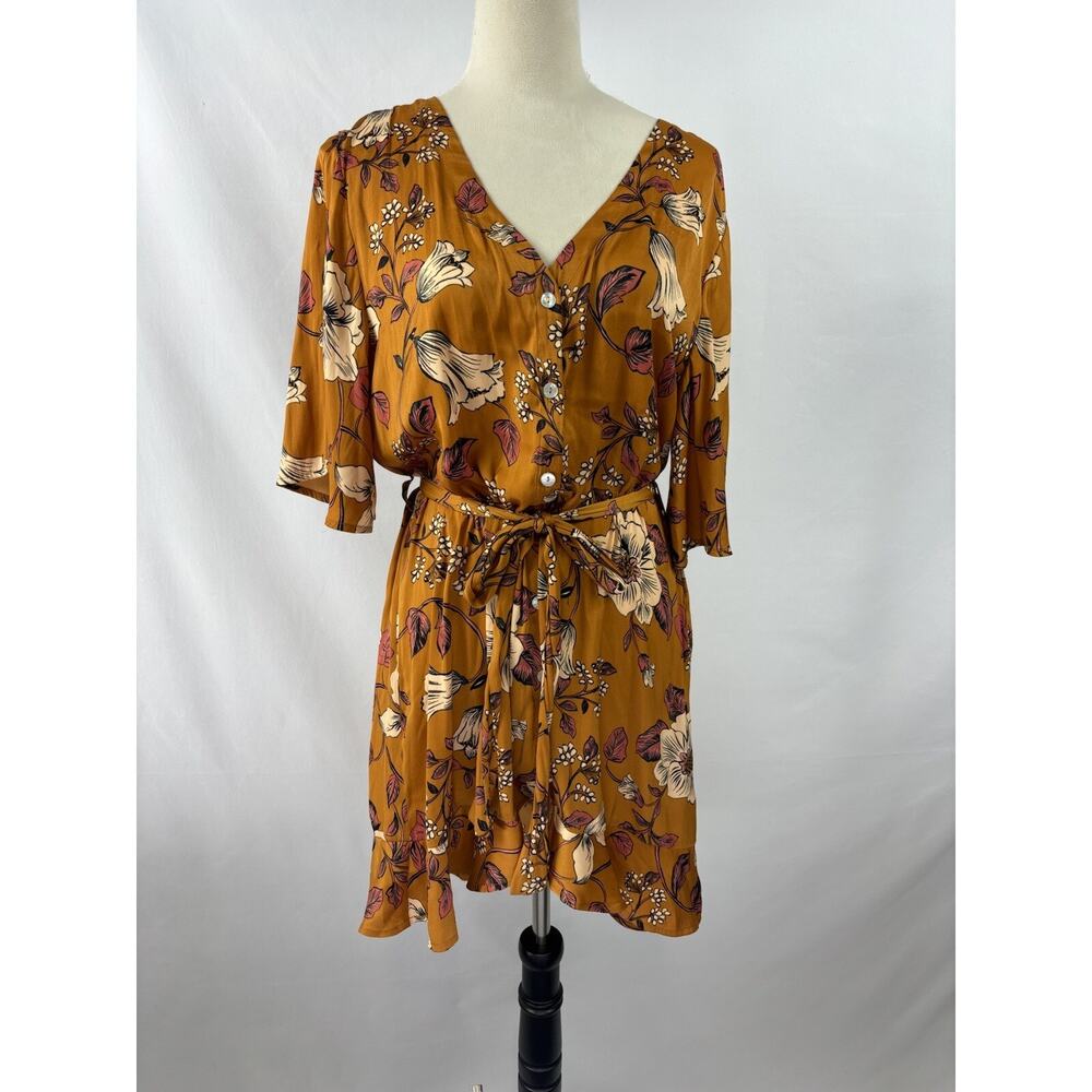 Saltwater Luxe Floral Shirt Dress Mustard Yellow Gold Medium Belted Mini